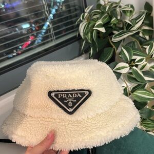 Prada White Shearling Bucket Hat